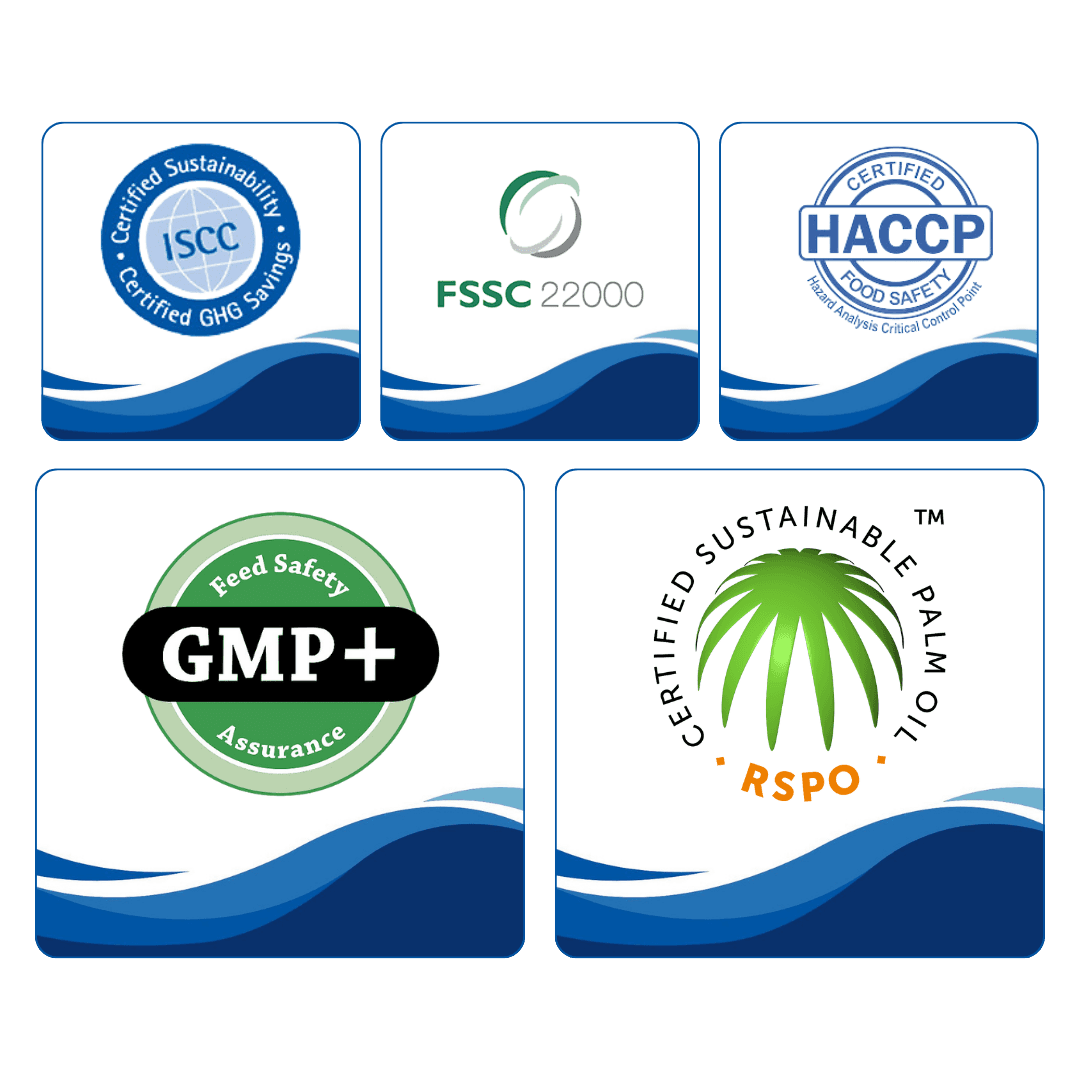 Logo sertifikasi keberlanjutan ISCC, FSSC 22000, HACCP, GMP+, dan RSPO